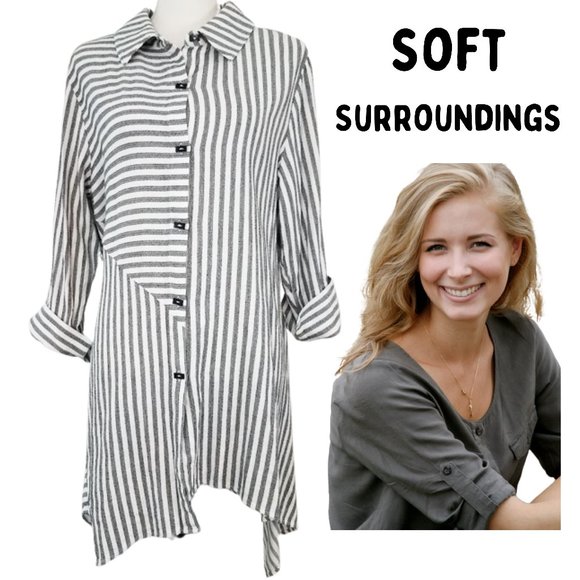SOFT SURROUNDINGS Gray & White Striped Button-Down Blouse Women's L - Picture 1 of 5